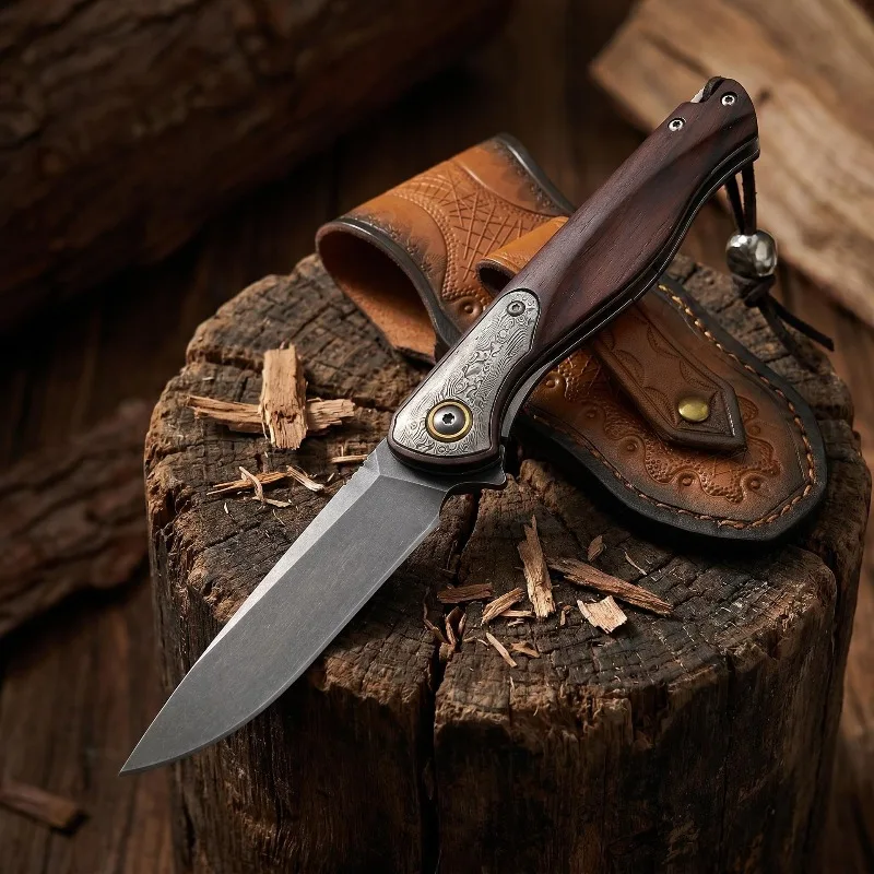 High hardness outdoor folding knife, handmade carved leather case, portable pocket folding knife, camping fishing knife