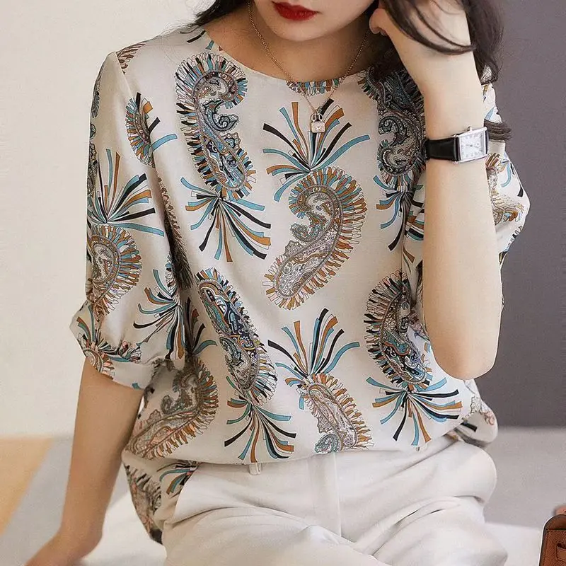 Vintage Printed O-Neck All-match Korean Blouse Women\'s Clothing 2023 Spring New Casual Pullovers Short Sleeve Office Lady Shirt