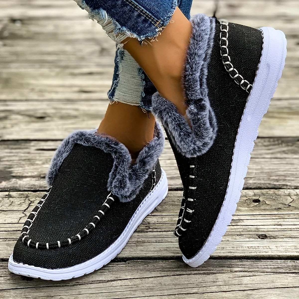 Women Winter Denim Fabric Fuzzy Fleece Lined Loafers Slip On Warm Moccasin Shoes Non Slip Wear-resistant Soft Sole Platform Casual Walking Ankle Snow Boots Comfort Thermal Flats for Daily Driving Outdoor Indoor Home Wear Multi Fashion Colors Available view 8