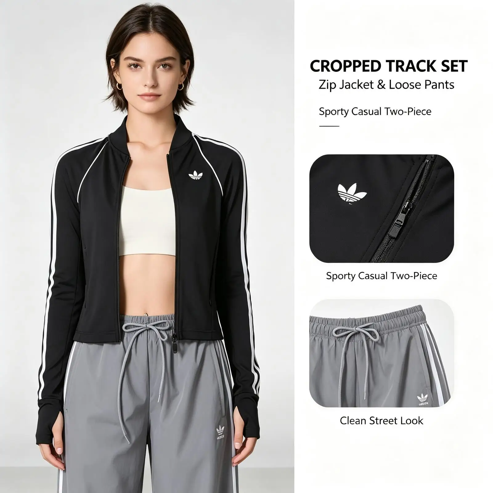 New Adidas Black Cropped Zip Jacket & Gray Track Pants Set Sporty Casual Two-Piece Outfit with White Side Stripes