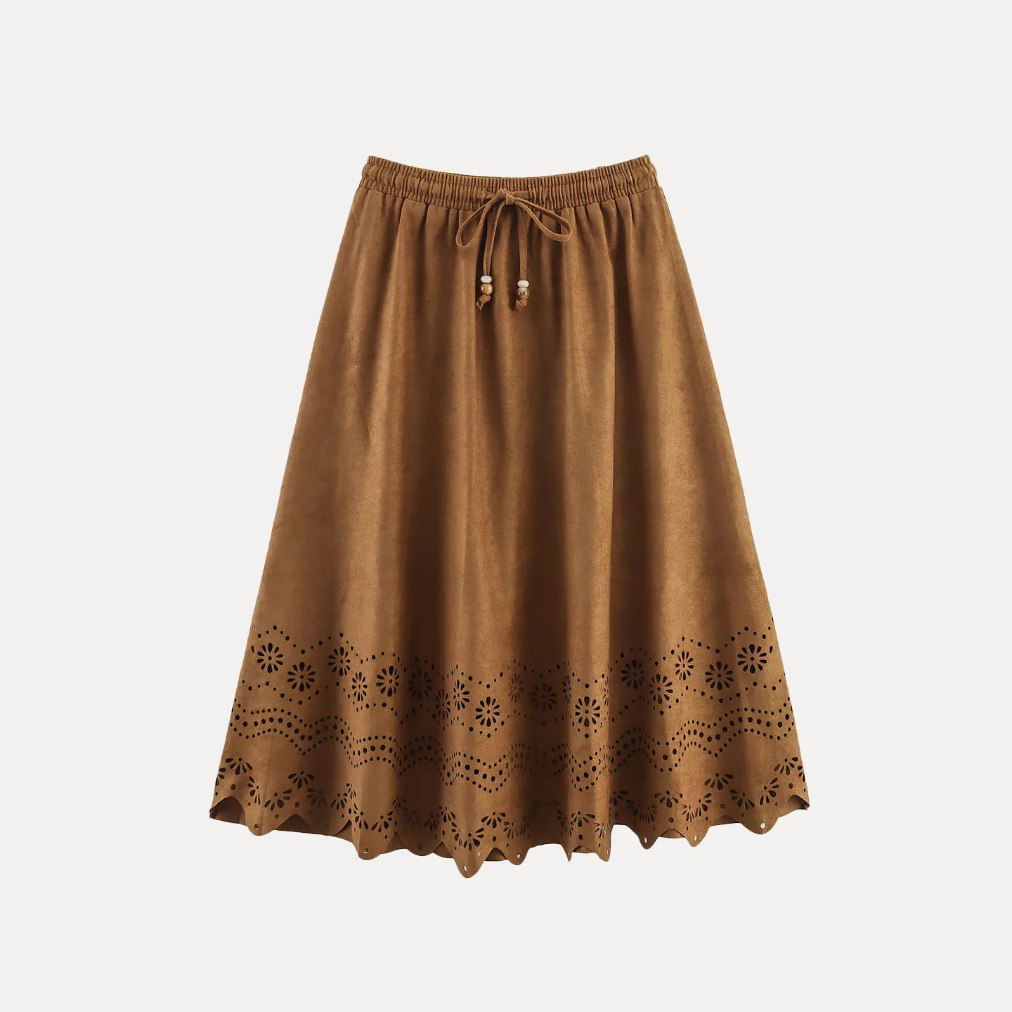 Retro Suede Laser Carved Floral Vaion Midi Skirt Women's Casual Sle mid Waist A-Line Stand Fit Autumn 2025 New Arrival