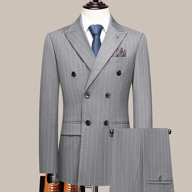Cassic Checked Men Business Wear Peaked Lapel Double Breasted Slim Fit Daily Casual Set Custom 2 Piece Formal Jacket Pants Set