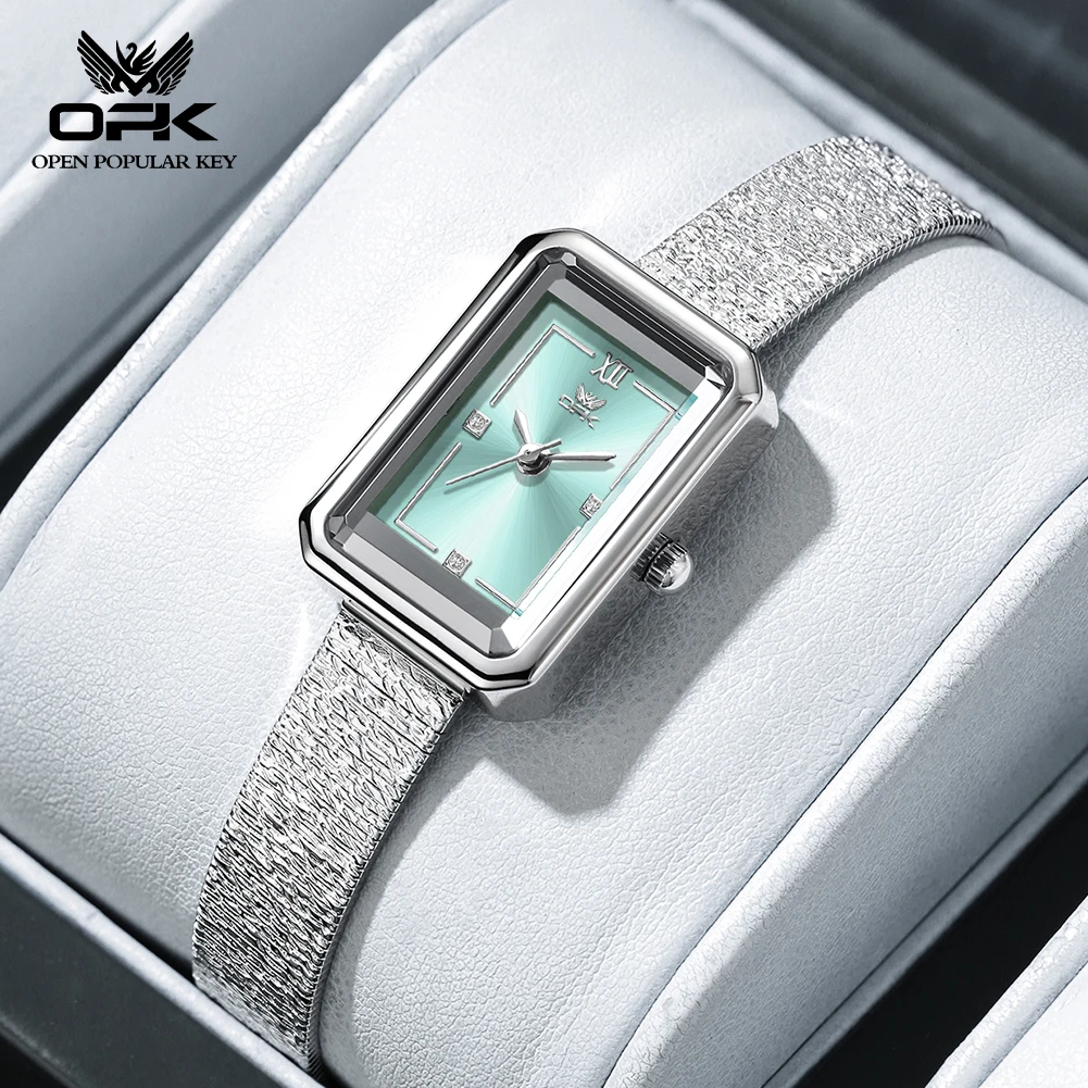 OPK 6075 Original Quartz Movement Women Sliver Watch Fresh Pastel Dial Octagonal Faceted Crystal Mesh Belt 30m Waterproof Watch