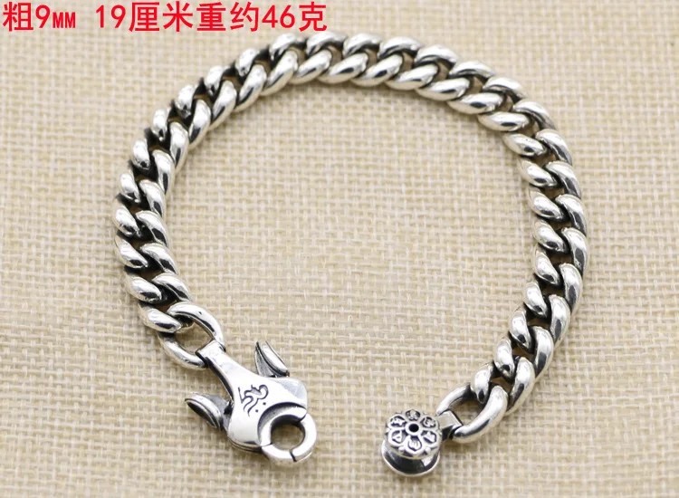 Japanese and Korean 925 sterling silver six character mantra bracelet, men's wide face cherry blossom retro Thai silver bracelet