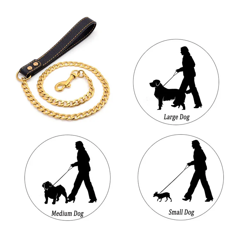 4.5FT Metal Dog Lead Stainless Steel Chain 18K Gold Pet Leash with Leather Handle Training For Medium Large Dog