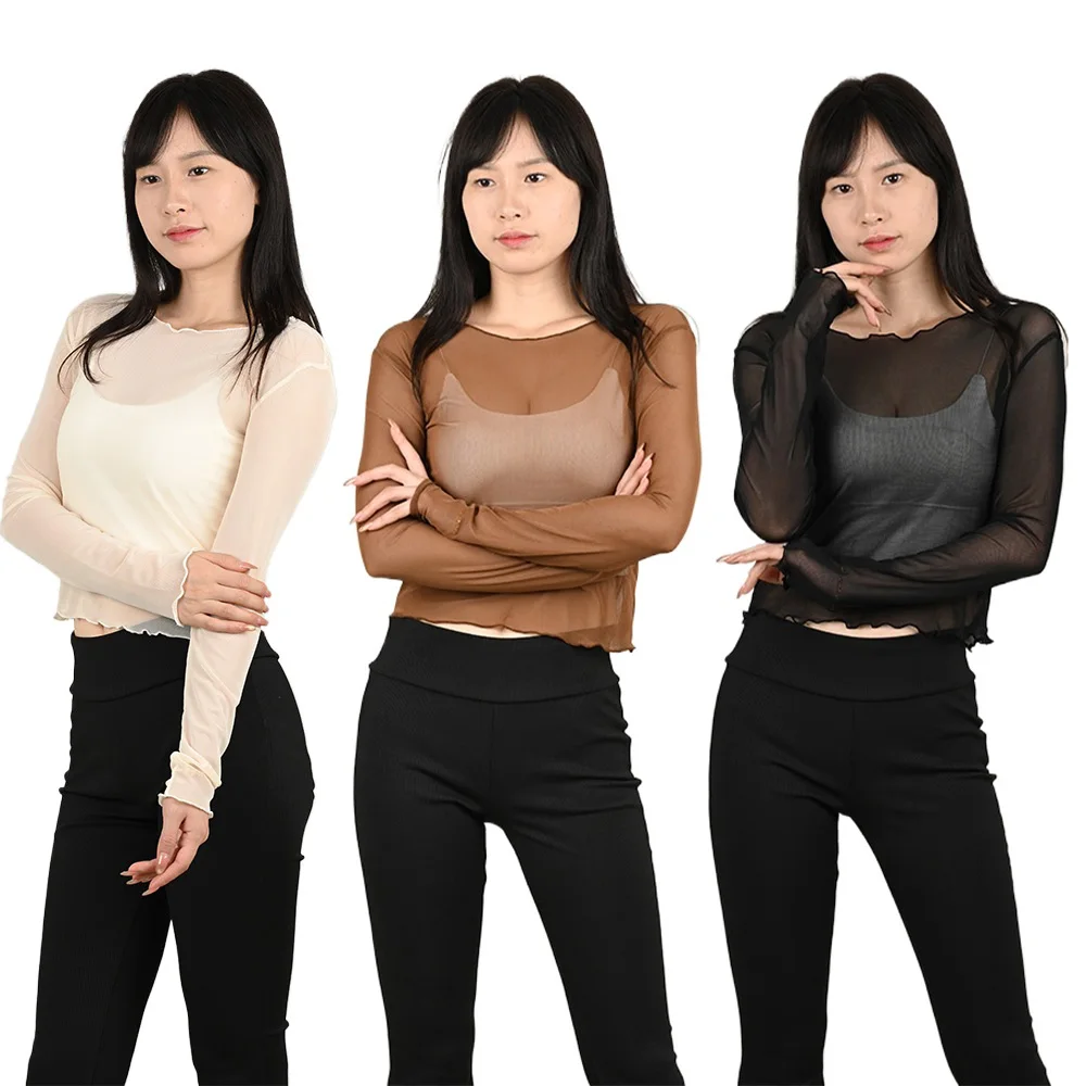 

1pcs Summer Women Long Sleeve Sexy Mesh Top Woman sun-protective clothing Grils Dancing Tops Female Transparent Stretch Shirt