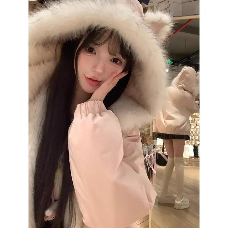 かわいいY2Kジャケット 冬用ファーカラー付きスイートフード付きレディース厚手ジャケット カジュアルトップス ジッパー付きルーズファッションフード付きコート 新品