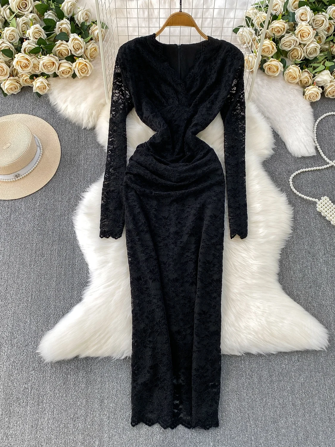 

Ele сексуальное длинное платье с v-образным вырезом, женское осенне-зимнее высококачественное бархатное кружево Dr Fene Sensual Ci Commute Par Dr