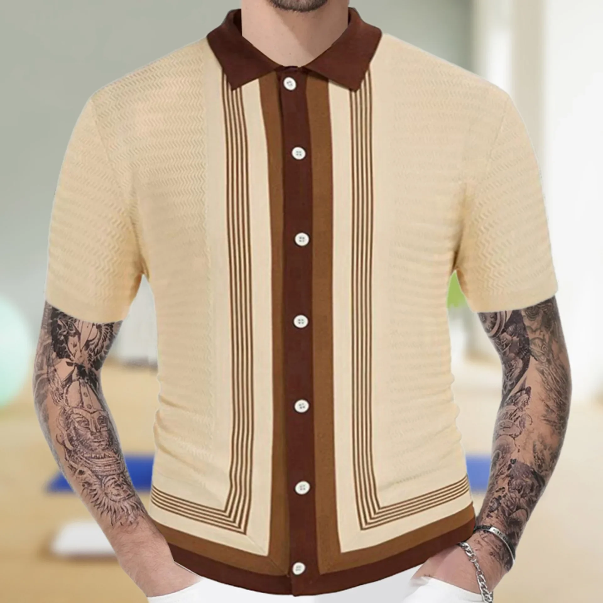 LIBIELIY High Quality Men Summer New Striped Lapel Single-breasted Knitwear Light Luxury Casual Business Fashion Short-sleeved P