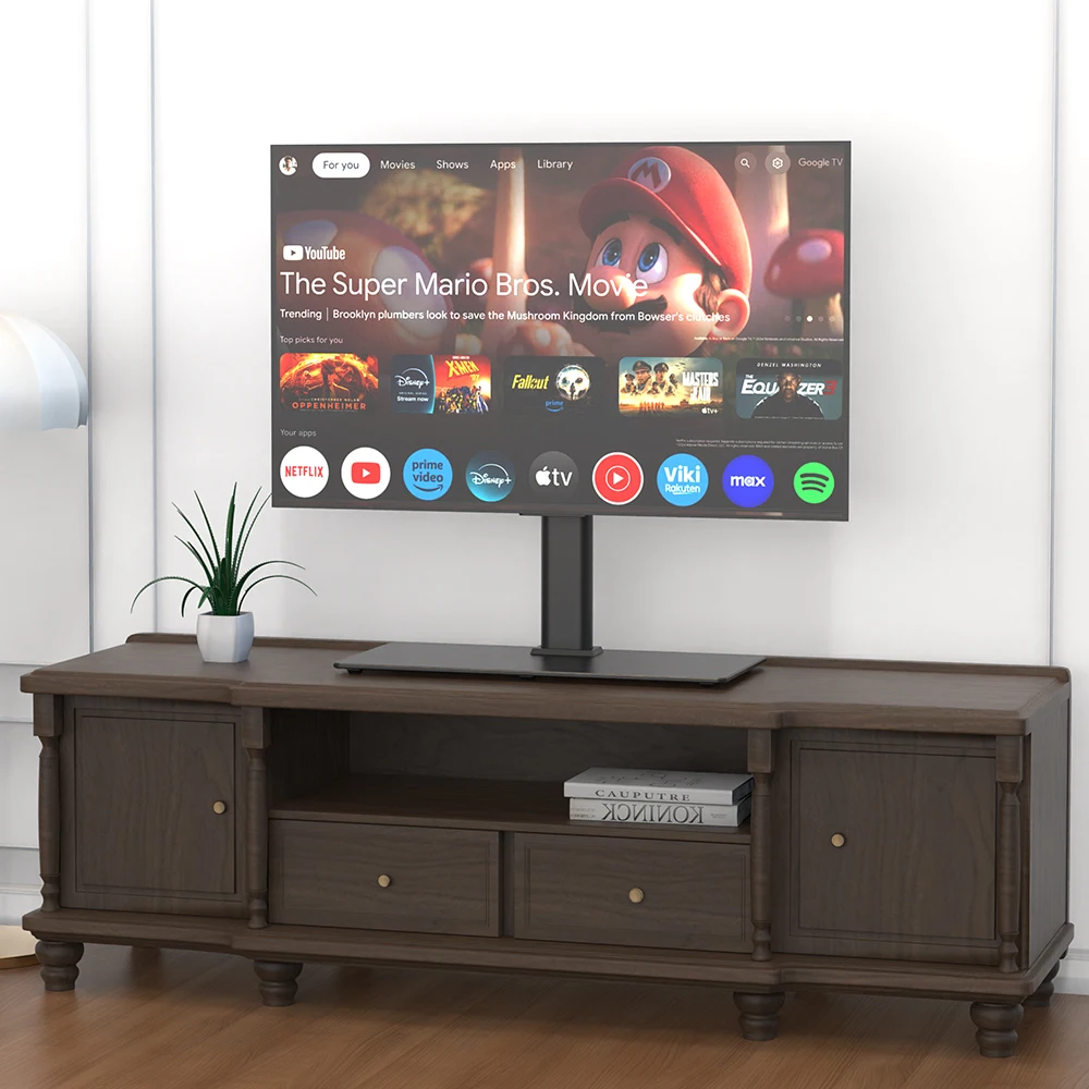 Floor-Standing TV Stand,Universal Iron Tempered Glass Table Top TV Stand VESA 600x400 With Height Adjustable & Swivel For 32-65