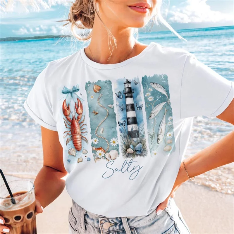 Lobster Lighthouse Women's T-Shirt Cute Shells Short Sleeved Top Lady Casual Tee Fashionable Women's Clothing Summer Trendy Tee