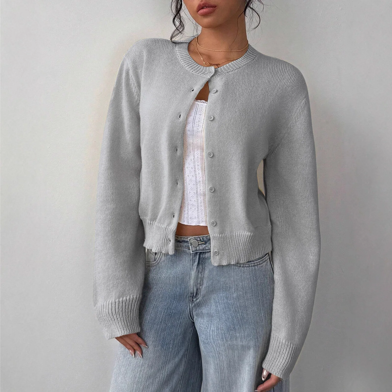 ファイオナブル レディース 薄手 丸首 ロング丈 ボタン付きセーター 通勤 スタイリッシュ コート 無地 その他素材 00%