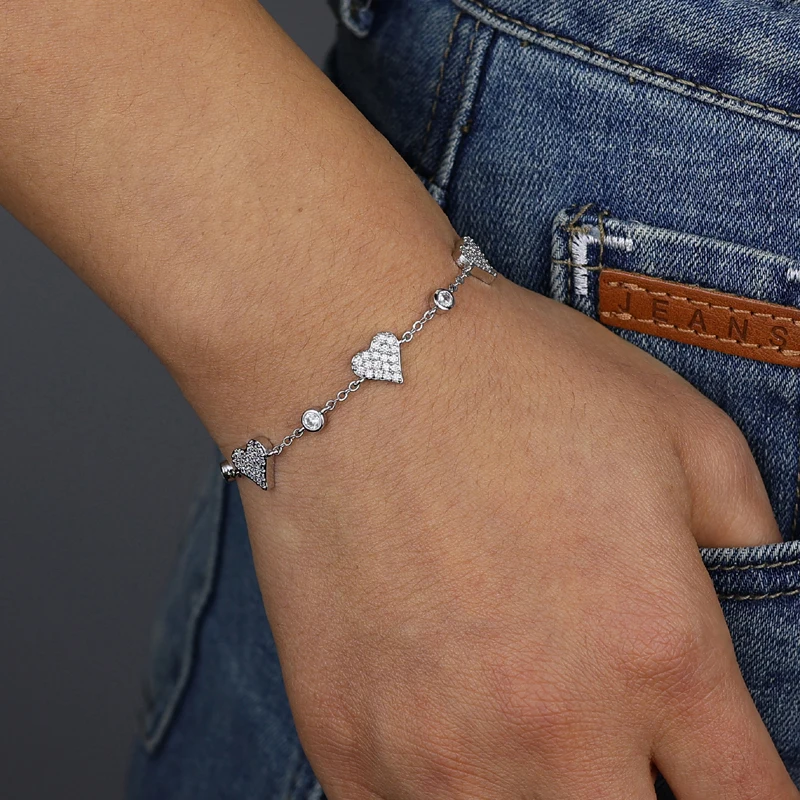 Cute Lovely CZ Station Link Chain Jewelry 3 Color Sparking 5A Cubic Zirconia Heart Charm Bracelet