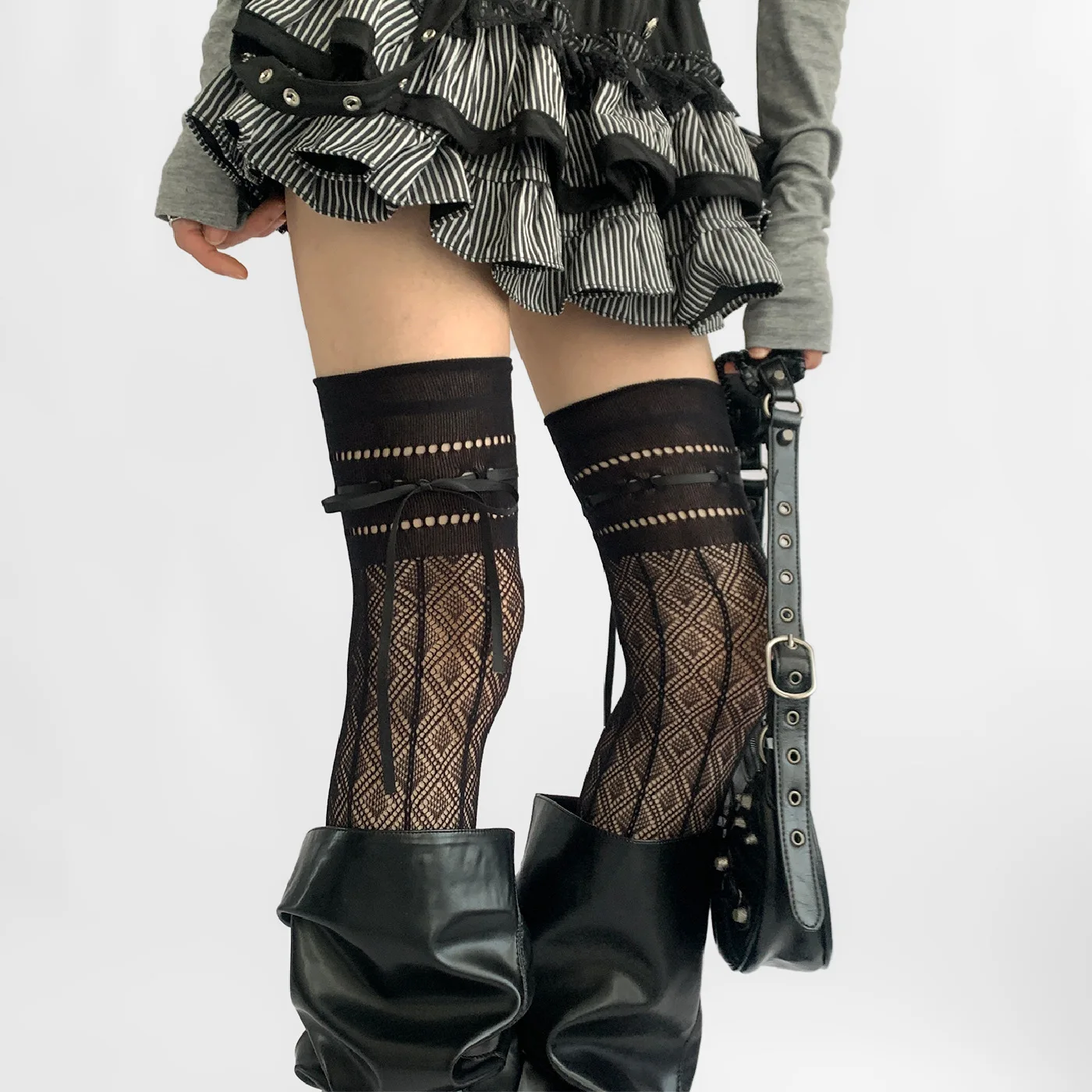 Calze sovrapposte a nastro Calzini alti al ginocchio in pizzo delicato sulla pelle Calzini lunghi in cotone lavorato a maglia Calzini in pizzo sopra il ginocchio Y2k per casual