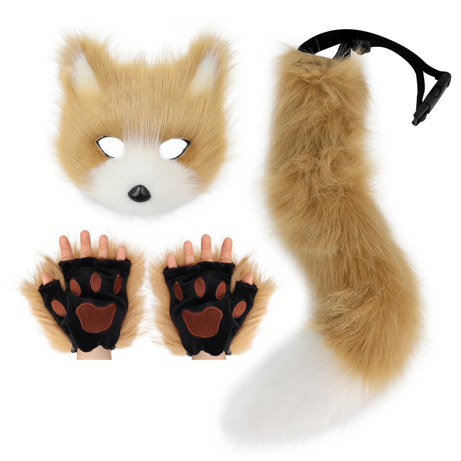 Mädchen Frauen Kunstpelz Fuchsschwanz Katze Wolf Cosplay Kostüm Set Plüschmaske Flauschige Pfotenhandschuhe Halloween Weihnachtsfeier – Detail 9