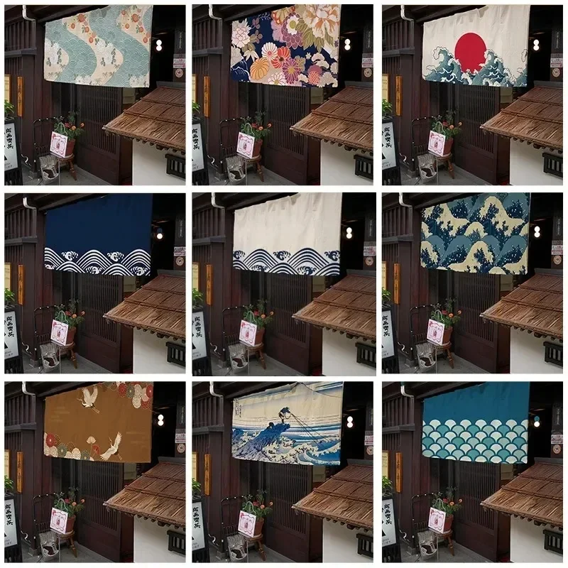 VIKAMA Japanese Ukiyo-e Long Curtain Kanagawa Wave Floral Crane Print Fabric Window Valance for Restaurant Store Decor