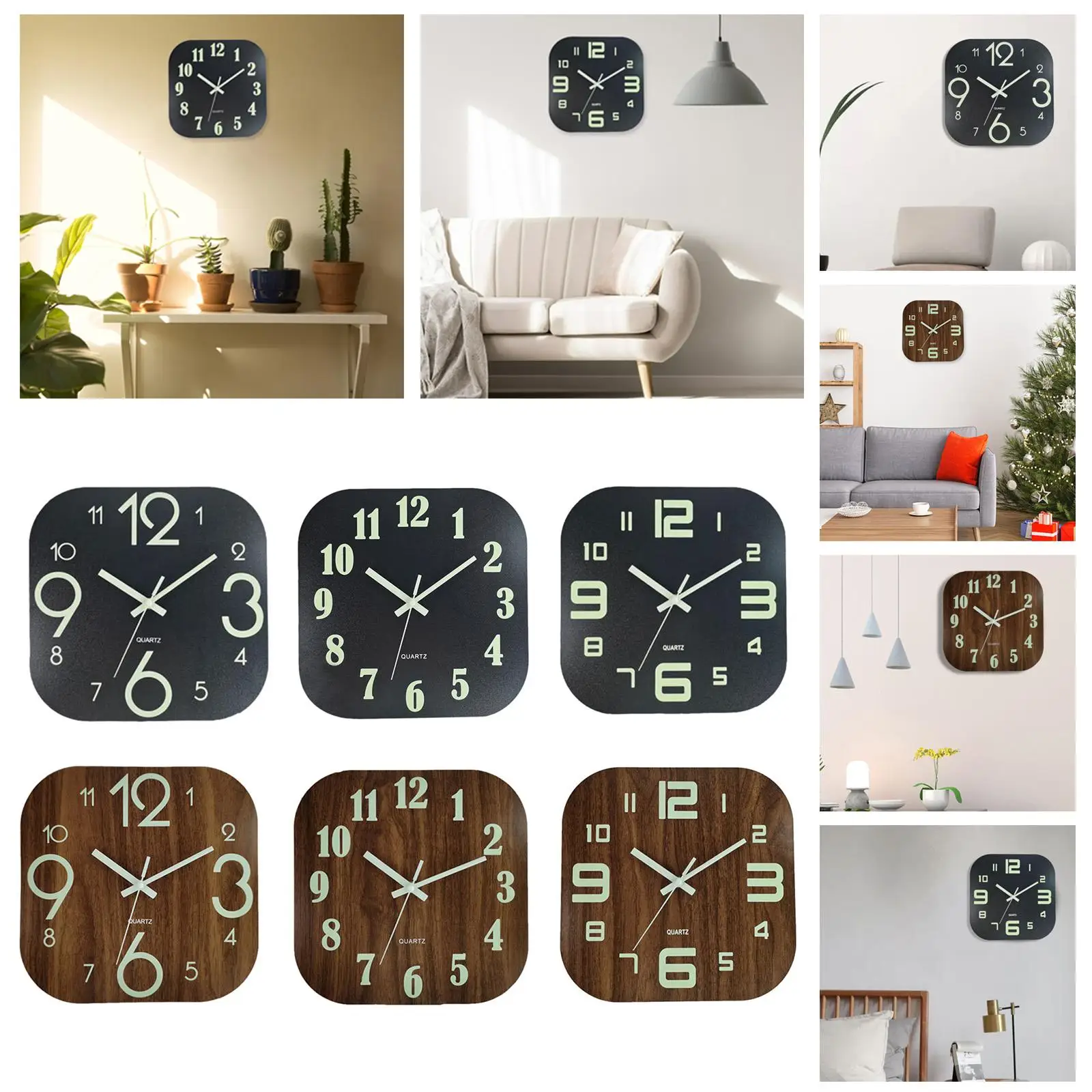 Wall Clock 30cm Wood Glow in Dark Non-Ticking Luminous for Bedroom Classroom