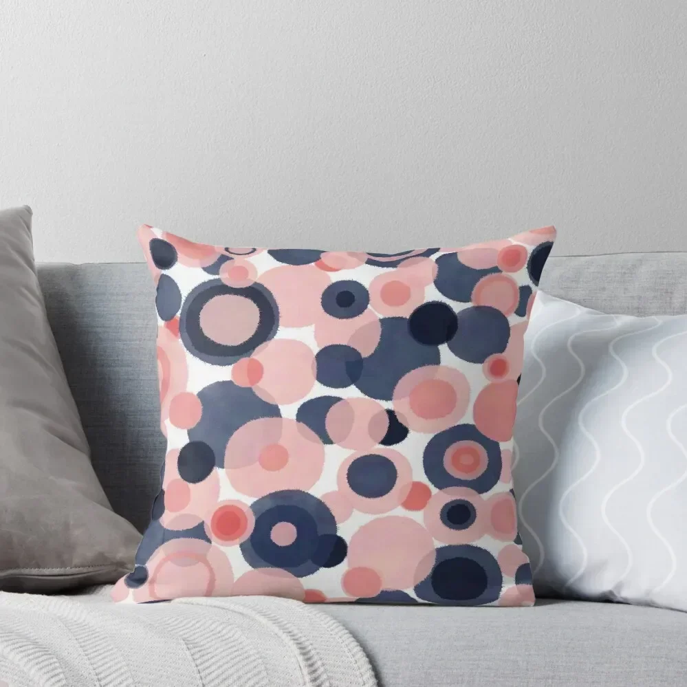 Busy Water Bubbles - Cheerful Abstract Inky Watercolour Pattern in Blue and Blush Pink on White Throw Pillow