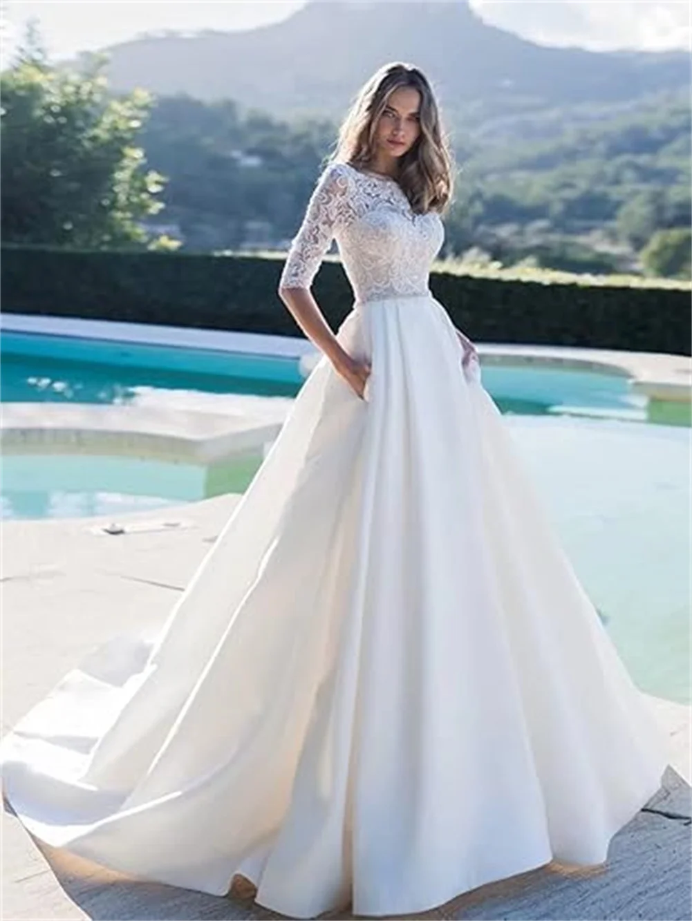 

Customized O Neck Half Sleeves Wedding Dress For Bride Satin Buttons A Line Laces Appliques Beaded Long Bridal Gowns With Pocket