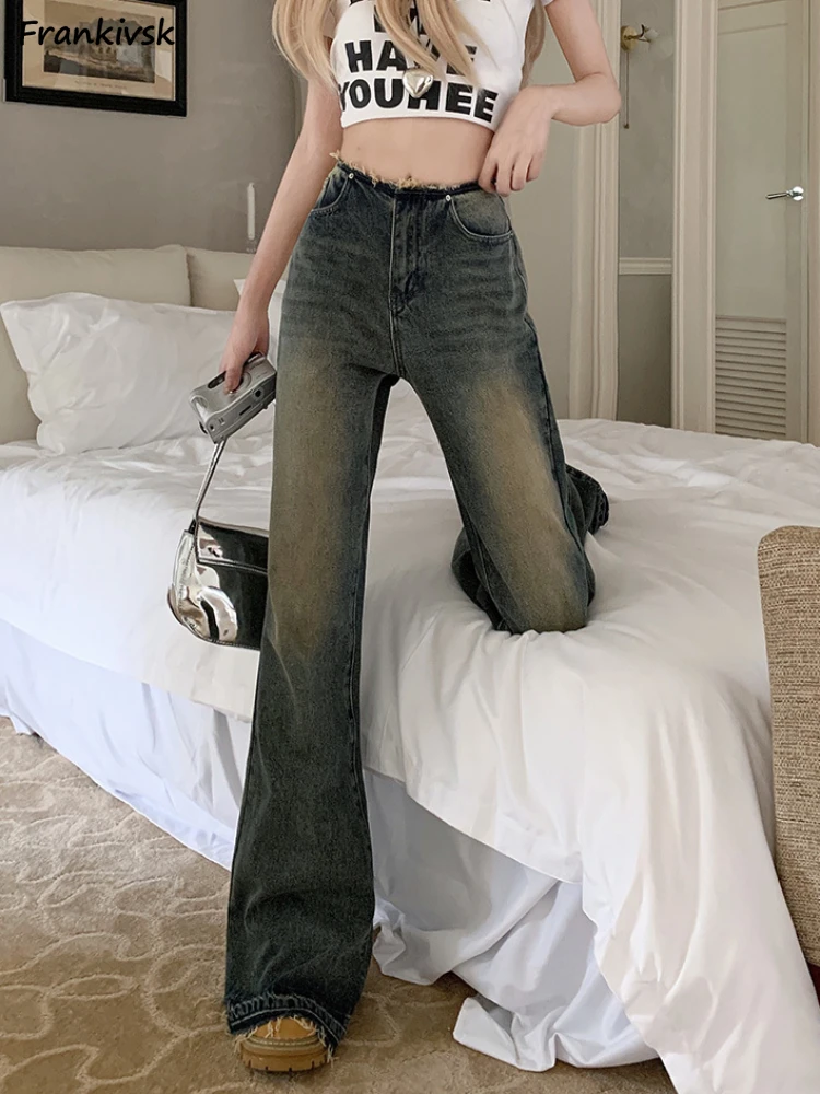 

Flare Jeans Women Retro Daily Spicy Girl Raw Edge American Style Popular All-match Washed Mopping Trousers Simple Streetwear