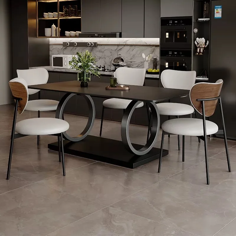 

Современный роскошный прямоугольный обеденный стол из обожженного камня и набор стульев на 4-6 человек, черный, для гостиной, мраморный, металлический, дизайнерская мебель.