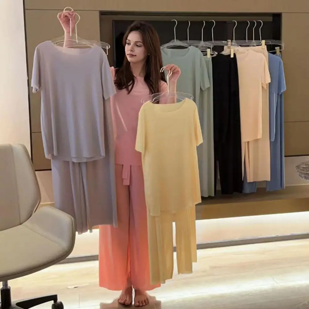 

Women Summer Pajamas Stylish Women's Summer Sleepwear Set 2-piece Ice Silk Pajamas with Round Neck T-shirt Wide Leg for Wear