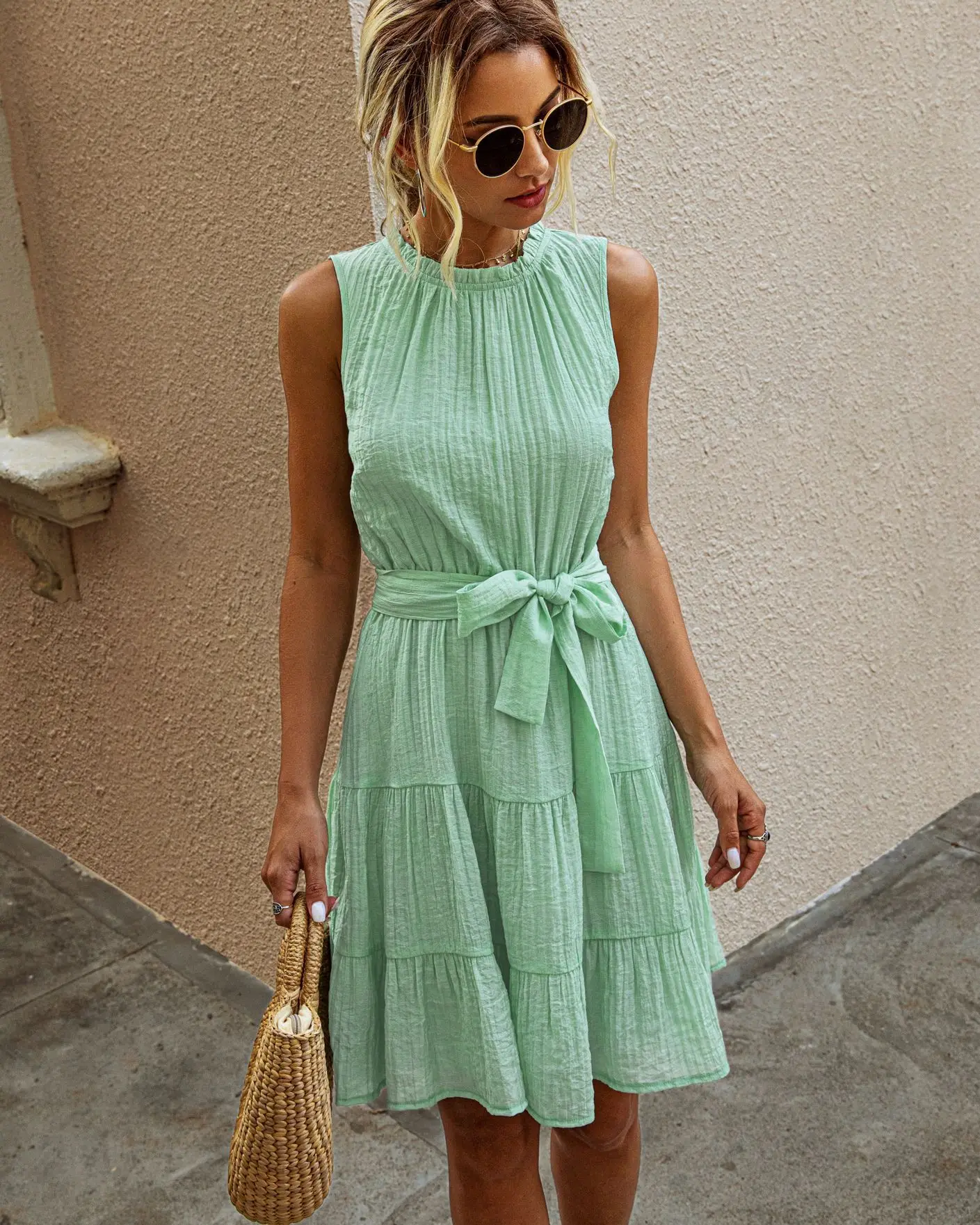 

Vintage Women's Striped Shirt Dress Women Sleeveless V-Neck Long Dresses Summer Casual Buttons A-Line Beach Holiday Dresses