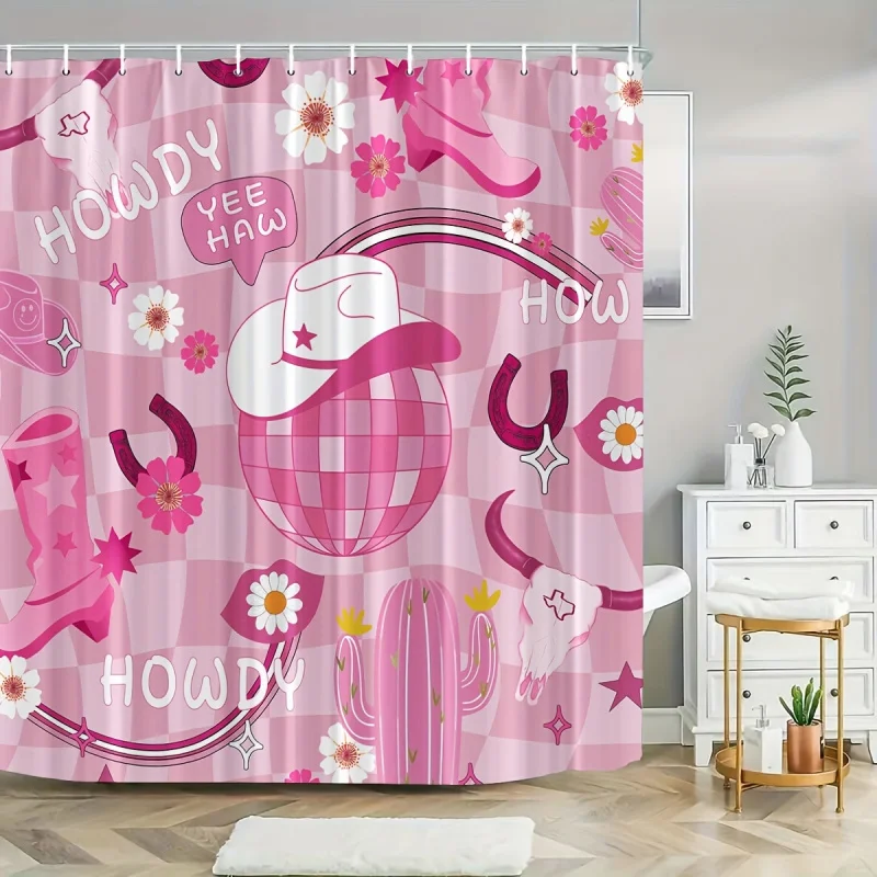 1/3/4pcs Pink cartoon floral cowboy boots pattern shower curtain set, bathroom set, bathroom carpet, U-shaped mat, toilet seat c