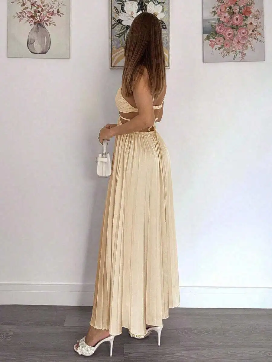 

Women Solid Color Waist Cutout Ruffle Strap Pleated Maxi Dress Elegant Summer Party Gown Butter Yellow