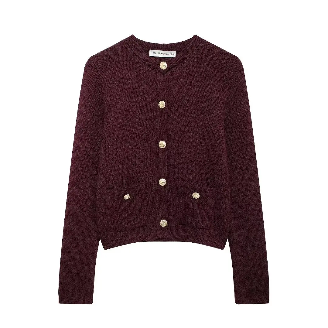 Winter Autumn Knitted Cropped Cardigan Sweaters For Women Long Sleeve Buttons Cardigans New Wine Red Knitwears Tops Clothes