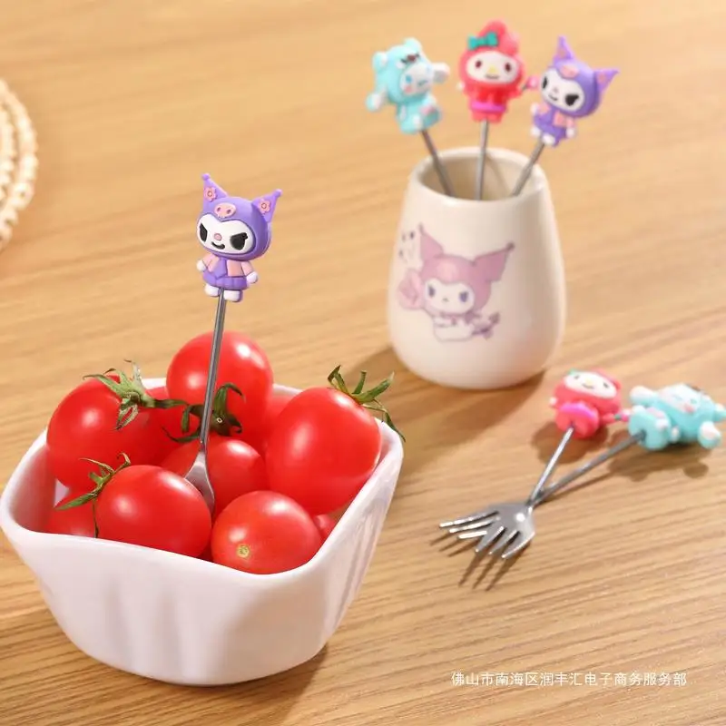 Sanrio Fruit Fork Kuromi Kawaii Anime Cartoon Cute Student Stainless Steel Fork with Storage Jar Fruit Stick Toys Girls Gifts