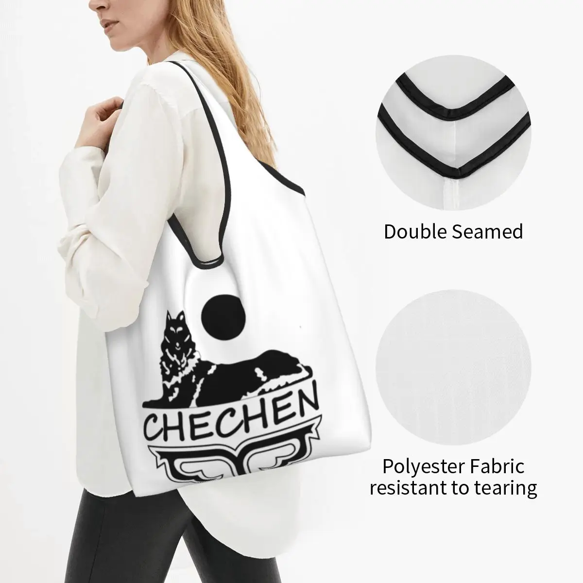 Funny Chechen Borz Shopping Tote Bag Portable Chechnya Coat Of Arms Grocery Shoulder Shopper Bag