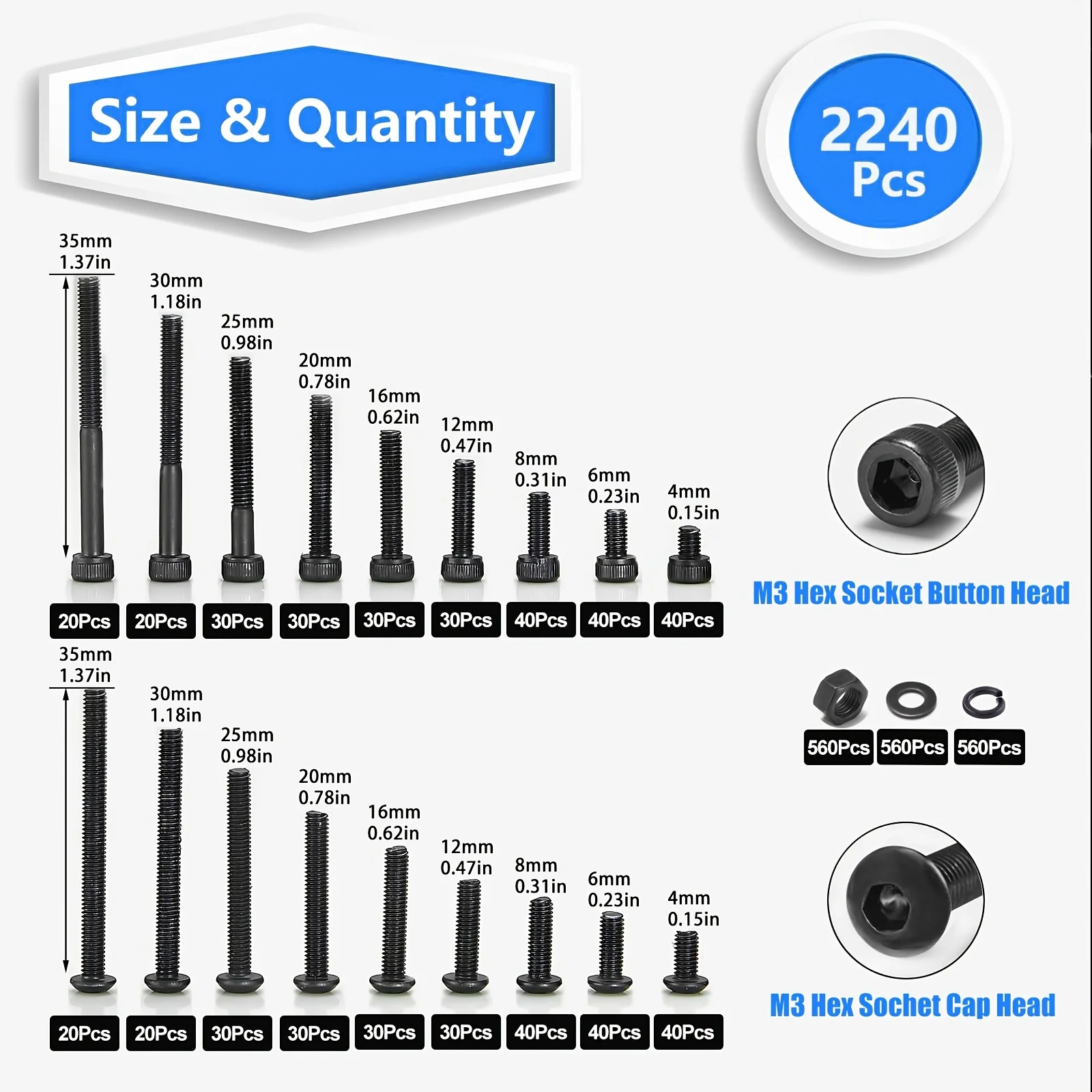 2240PCS M3 Screws Nuts Washers Kit, M3x4‑35mm Hex Socket Button & Cap Head Bolts, 12.9/10.9 Alloy Steel for 3D Printing