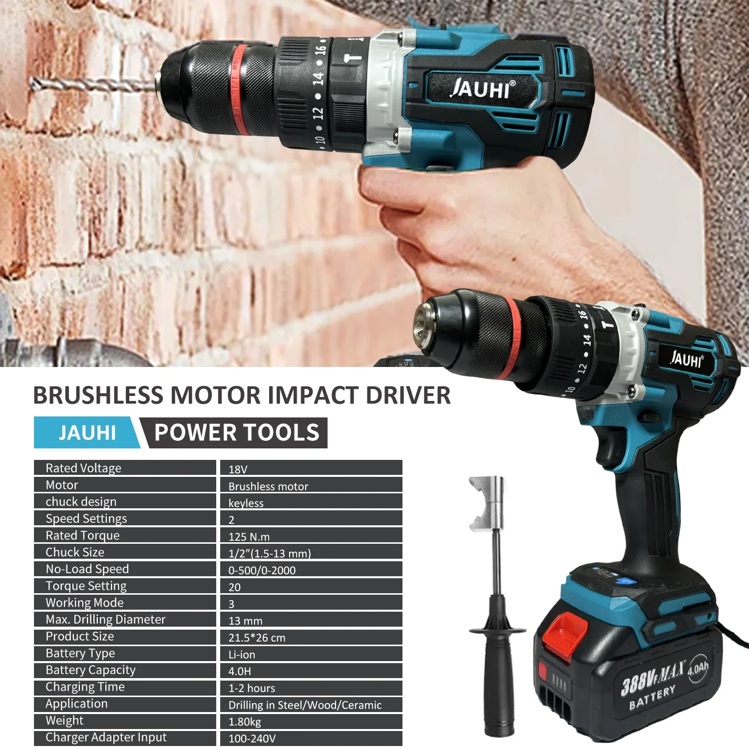 JAUHI-18v Cordless Brushless Lithium-Ion Drill, 13mm Electric Hand Drill Screwdriver For Makita Batteries, Home Power Tools