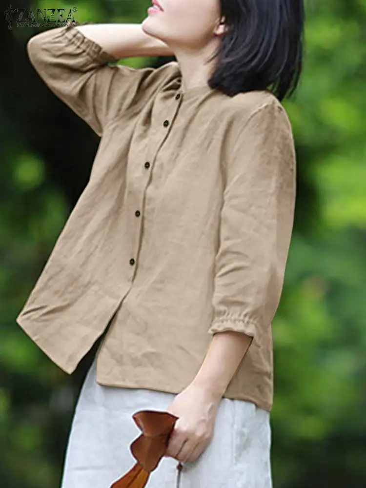 ZANZEA 2023 Autumn Shirt Women Korean Style Vintage Cotton Linen 3/4 Sleeve Tops Button Down O-Neck Shirts Tunic Top Blusas