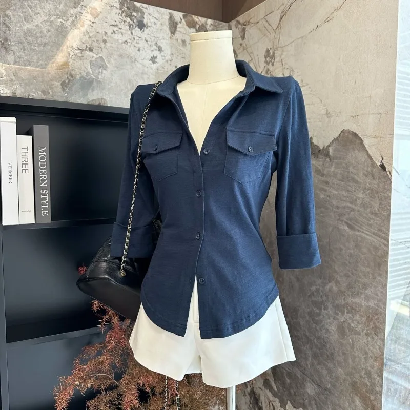 

Fashion Trendy Polo Collar Asymmetrical Cropped Shirt Elegant Versatile Slim Fit Figure-Flattering 3/4 Sleeve Top Pocket