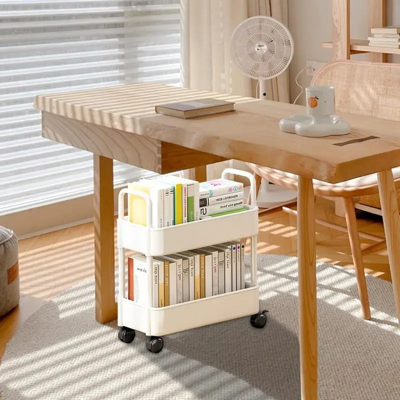 Under Table Storage Shelf With Wheel 2-Layer Movable Bookshelf Cart Household Sundries Storage Trolley Book Cart Organizer