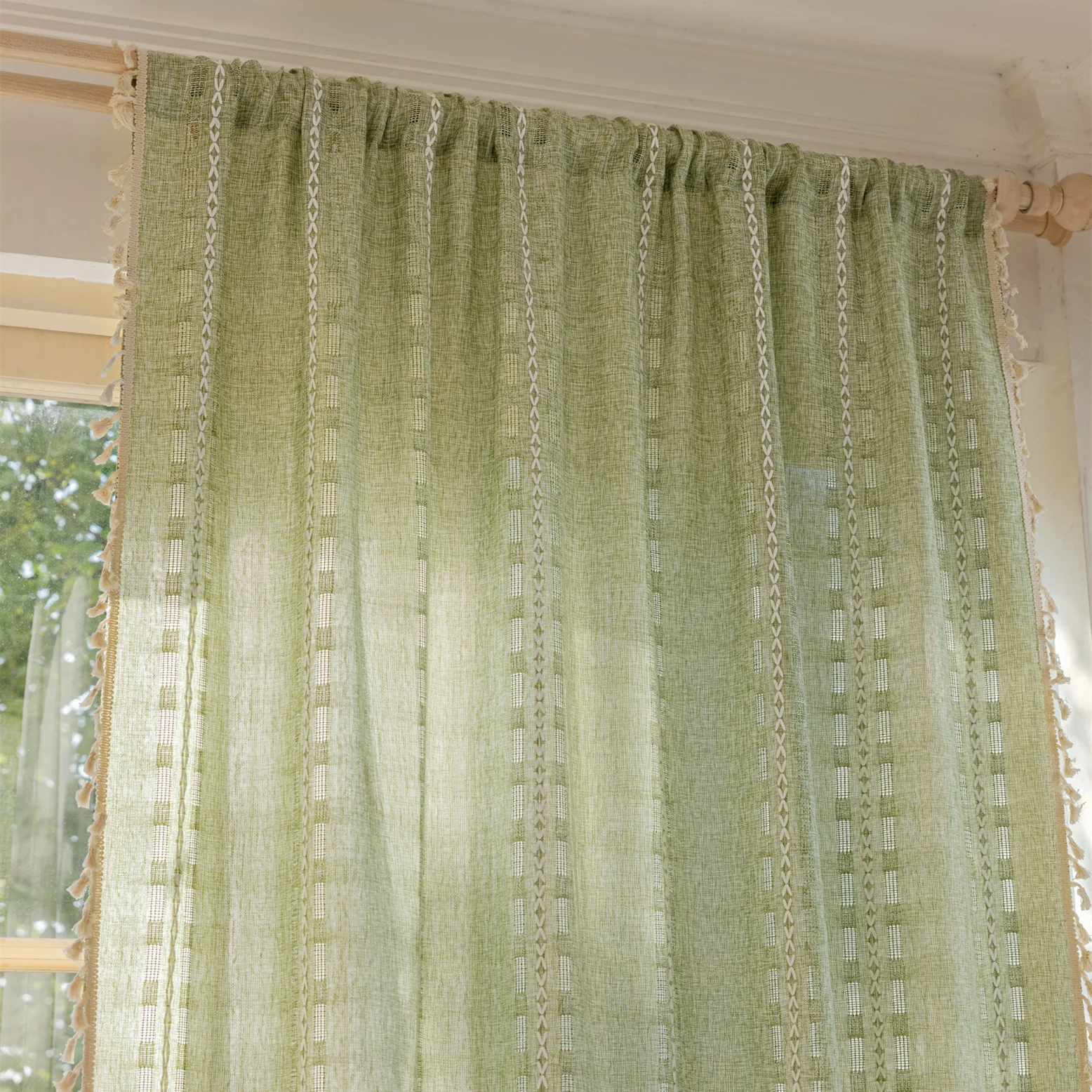 Green color semi-blackout hollowed-out jacquard curtains for living room home decor accessories