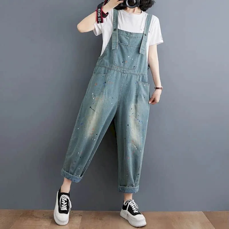 Macacões jeans para mulheres estilo coreano harajuku impresso macacão uma peça roupa feminina calças retas casual vintage playsuits