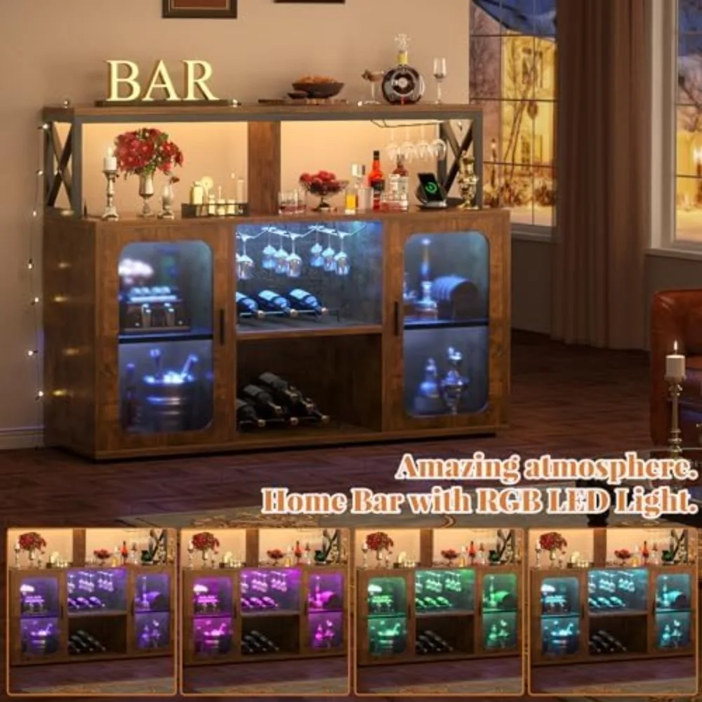 Armadietto da bar con prese di corrente, armadietto per liquori con luci a LED e supporto in vetro, armadietto per buffet, bar da caffè