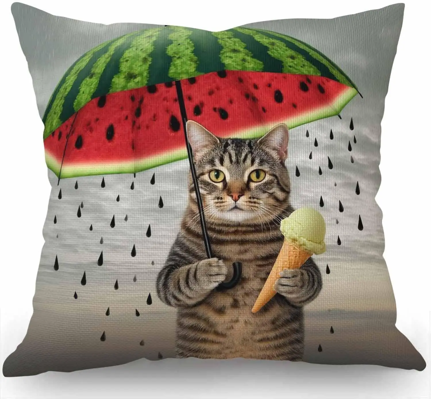 Funny Cat Holding Watermelon Umbrella & Ice Cream Pillowcase, Cute Tabby Kitten Cushion Cover, Summer Pet Lover Home Decor Gift