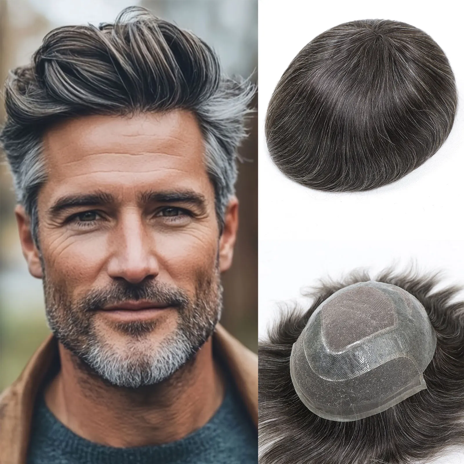 

# Невидимый мужской парик-накладка из натуральных волос 230% плотности, серый, дышащий, на моноленте с полиуретановой основой, система замещения волос, капиллярный протез