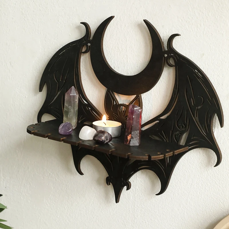 Black Wooden Wall Shelf Gothic Bat Moon Profiling Hollow Pattern Floating Shelf Crystal Holder Goth Witch Room Decor