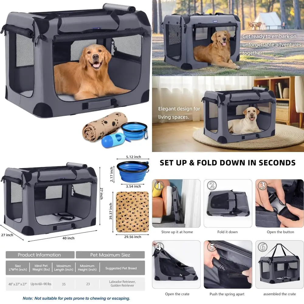 

Large 40 Inch Portable Dog Crate for Travel, XL Soft Dog Kennel with 3 Doors