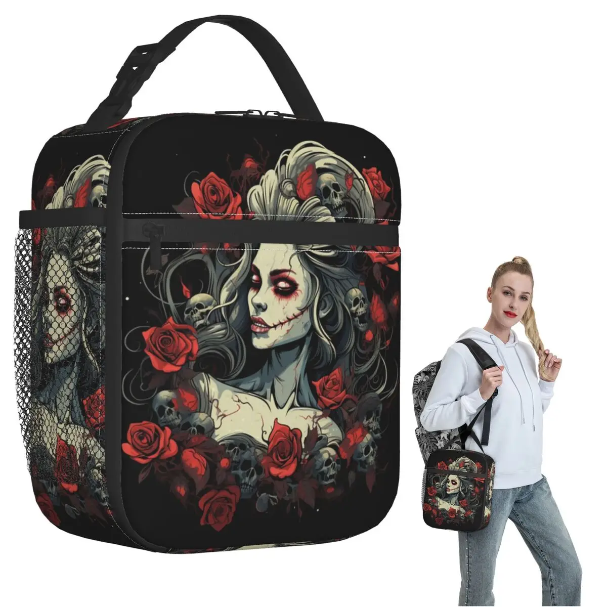 Alexander Gothic Las Elegantes Girls Day Of Dead Skull Insulated Lunch Bag for Women Children Food Boxes Thermal Lunch Box Tote