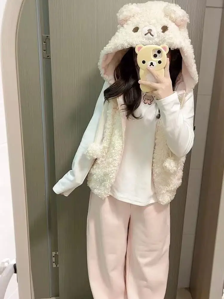 الكرتون Rilakkumas الدب سترة معطف Korilakkuma الدب مقنعين صدرية الفتيات النساء شتاء دافئ أفخم رقيق أكمام ملابس خارجية #2