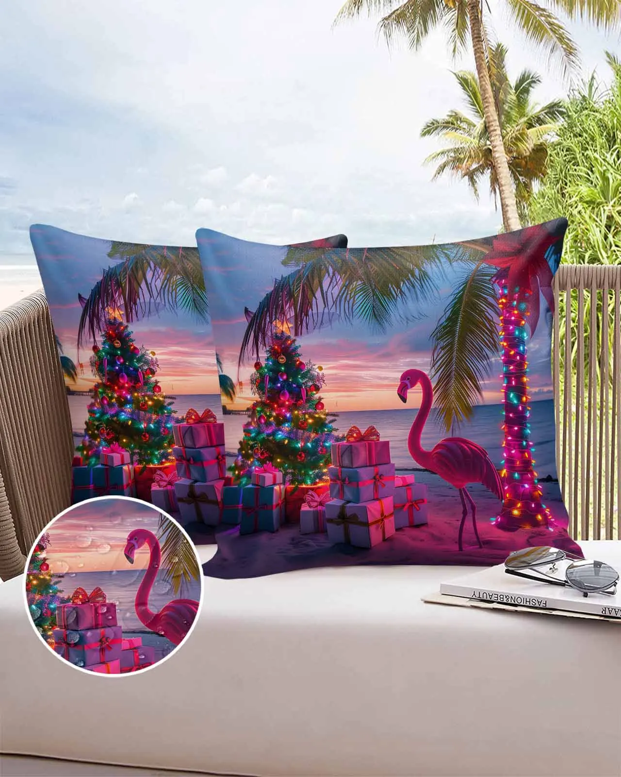 2/4PCS Beach Christmas Tree Colorful Flamingo Palm Tree Throw Pillow Cover Case For Sofa Car Home Decoration Pillowcase