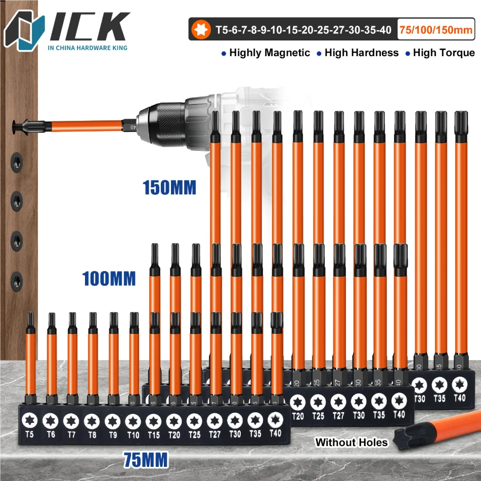 

Torx Screwdriver Bits Set Individual Bits T5-T40 75/100/150mm Lengths Strong Magnetism High Hardness S2 Alloy Steel 1/4Hex Shank