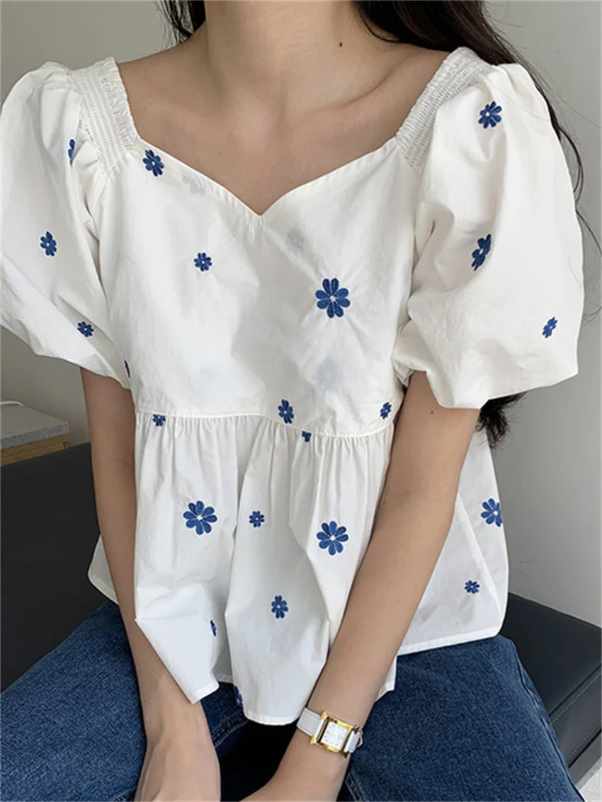 Alien Kitty Summer V-Neck Loose Puff Sleeves Flowers Girls 2022 Slim New Sweet Femme Florals Prom High Waist Chic Blouses Shirts