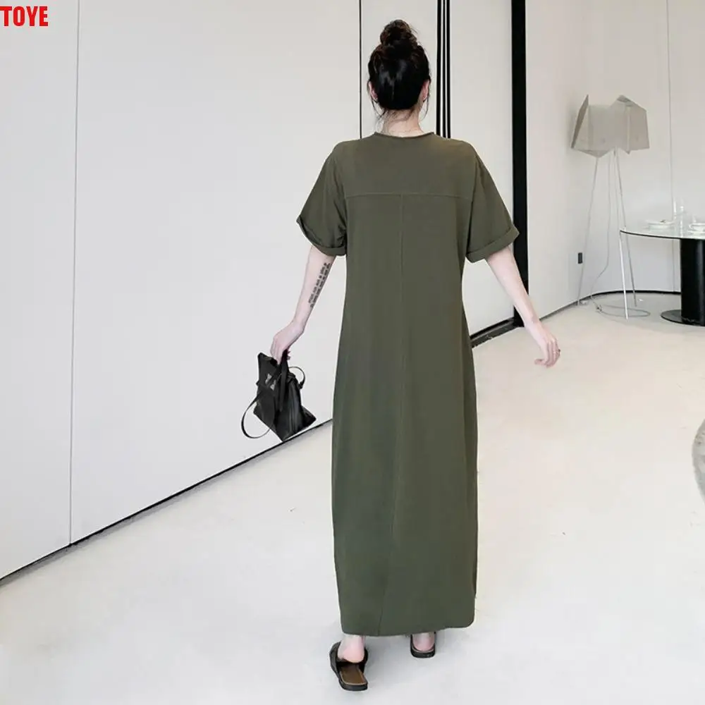 

Модное свободное платье с v-образным вырезом, женское однотонное простое длинное платье на молнии, длинная юбка, уличная одежда, женское платье большого размера